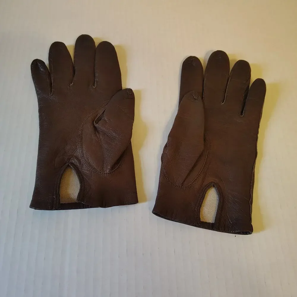 Vintage Brown Leather Driving Gloves XS Open Back Keyhole Classic Retro